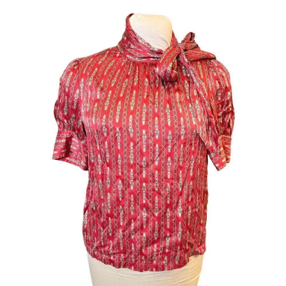Banana Republic Women’s Silk Blouse Tie Neck Puff Sleeves Petite Medium